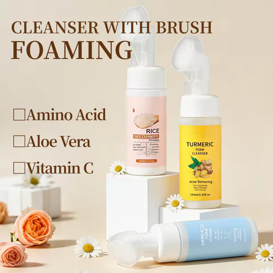 OEM Turmeric Vitamin C Aloe Vera Amino Acid Coconut Rice Foaming Face Wash Gentle Foam Cleanser for Daily Facial Cleansing Care